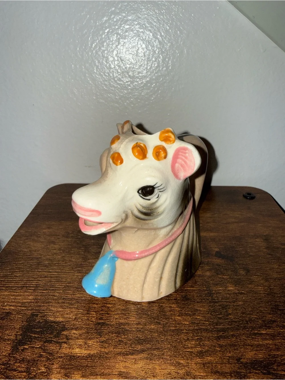 Whimsical Ceramic Cow Head creamer in Cream, Pink and Blue